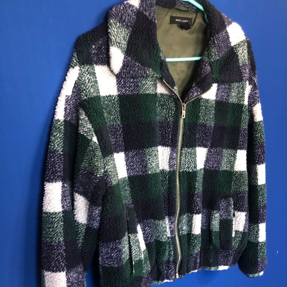 New Look check teddy borg bomber in green pattern